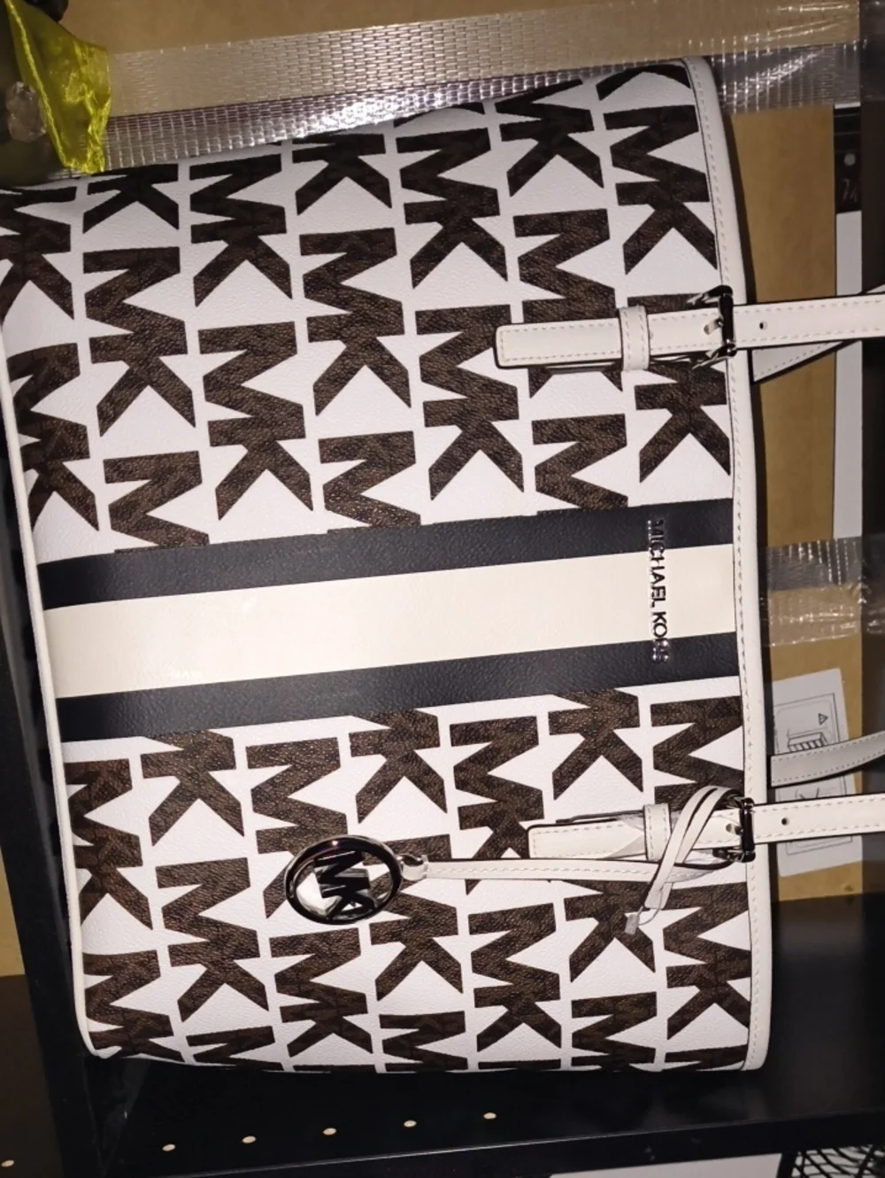 Michael Kors White and Brown MK Signature Stripe Tote